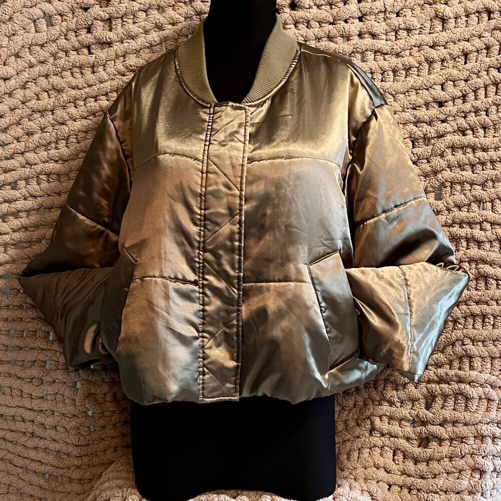 Asos Green Satin Look Woman's Cropped Bomber Jacket Size 14 - Picture 2 of 14